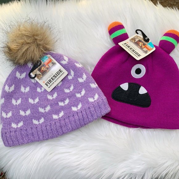 Other - 2 - NWT Sofsole Fireside Fleece lined Beanie hats Purple monster& Pom Pom Youtth